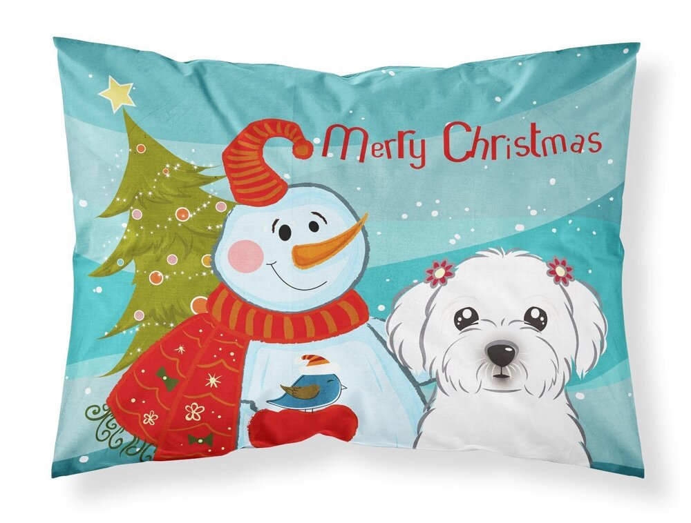 8161 BB1828PILLOWCASE Snowman with Maltese Fabric Standard Pillowcase